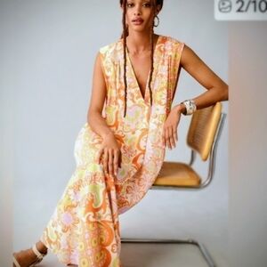 Vibrant Orange and Pink Maxi Dress, Trapeze Style